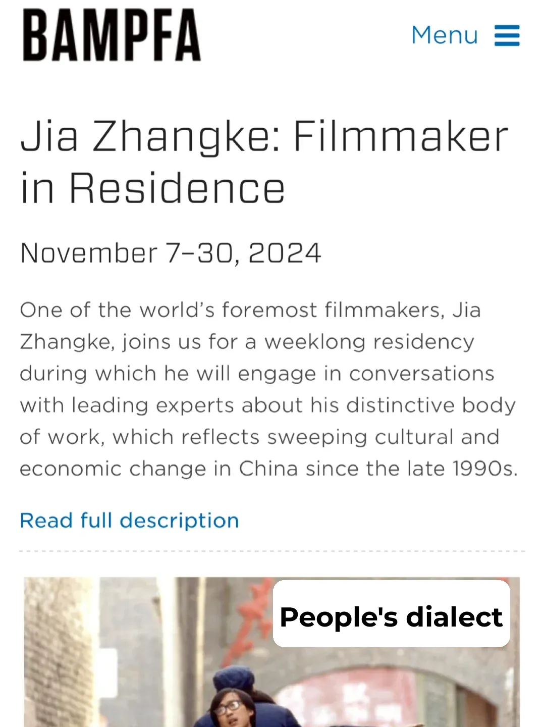 "Bay Area Art Scene" - Director Jia Zhangke is Coming to Berkeley!