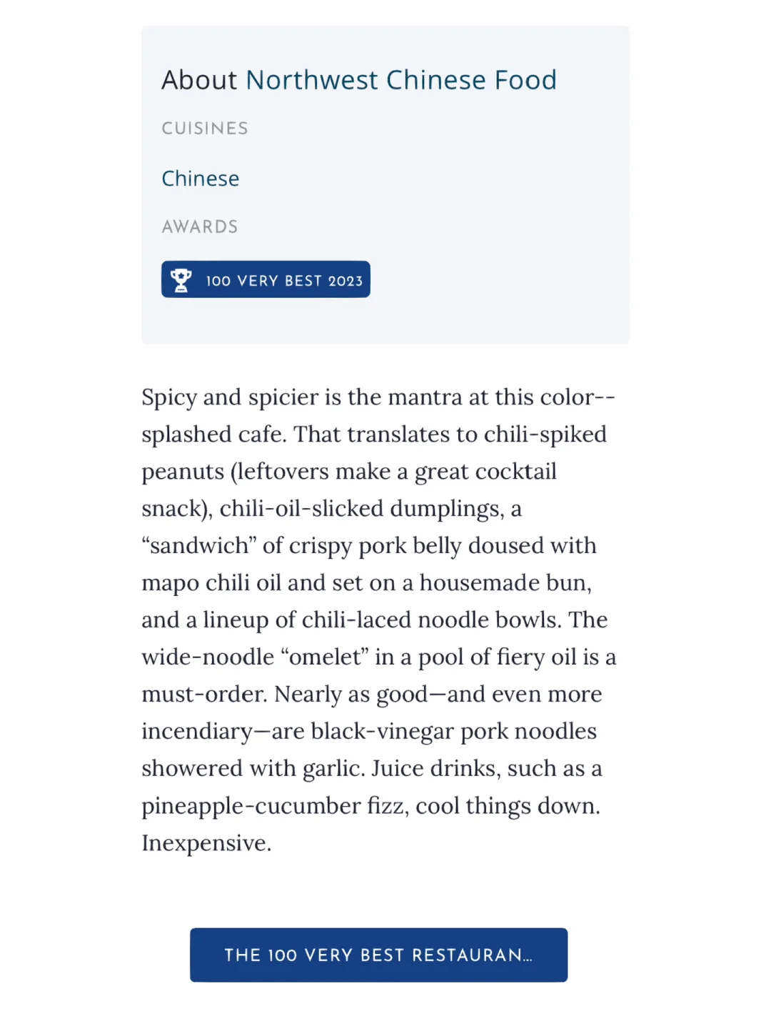 Xi Bei Ranked Among Washington D.C.'s Top 100 Restaurants for Three Consecutive Years!